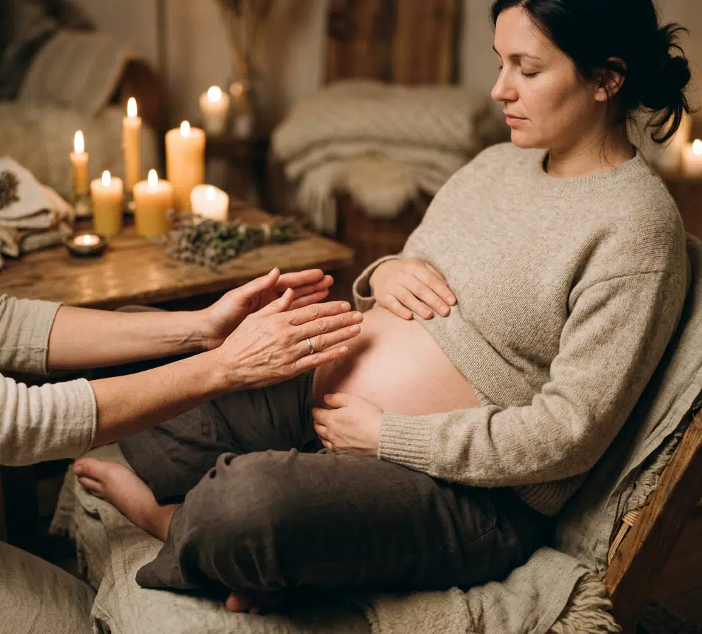 Schwangere Frau im beigen Strickpullover sitzt mit geschlossenen Augen entspannt auf einem Stuhl, während eine zweite Person sanft ihre Hände auf den freigelegten Babybauch legt. Im Hintergrund ein warmtoniges Zimmer mit mehreren brennenden Kerzen und getrockneten Kräutern auf einem Holztisch.
