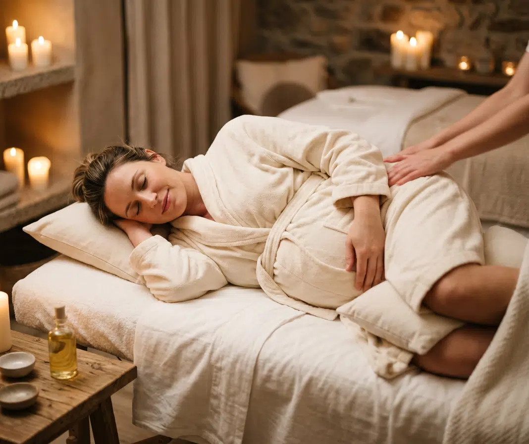 Schwangere Frau im weißen Bademantel liegt entspannt lächelnd in Seitenlage auf einer Massageliege, eine Hand auf dem Babybauch, während sie am Rücken massiert wird. Daneben ein Holzbeistelltisch mit Massageöl und kleinen Schälchen, umgeben von mehreren brennenden Kerzen in einem stimmungsvollen Spa-Ambiente.