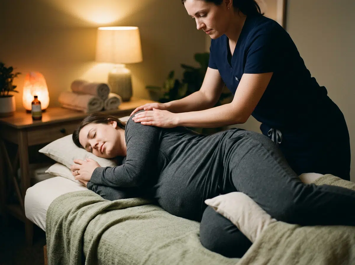 Therapeutin im dunkelblauen Kasack massiert sanft den Rücken einer schwangeren Frau, die entspannt in Seitenlage auf einer Massageliege liegt. Im Hintergrund warmes Lampenlicht, eine Salzkristalllampe, Handtücher und ein Massageöl auf einem Holzbeistelltisch.