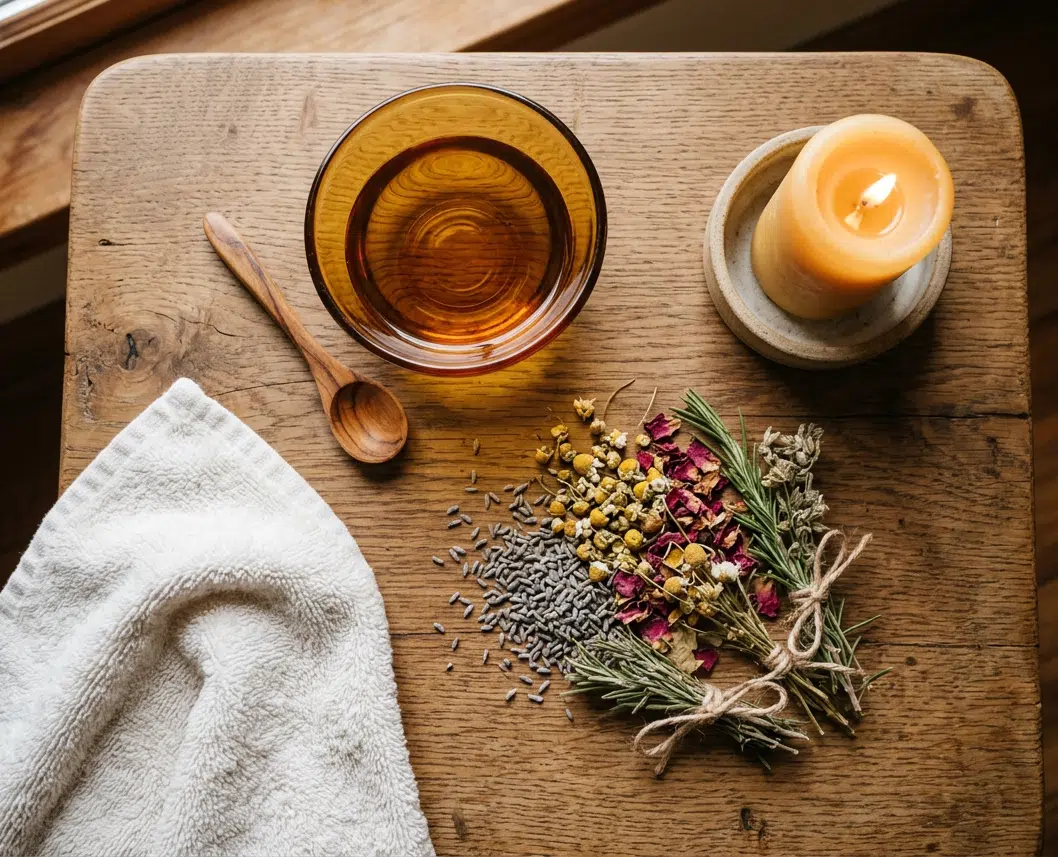 Draufsicht auf einen rustikalen Holztisch mit Ayurveda-Massage-Utensilien: eine Schale mit goldenem Öl, ein Holzlöffel, ein weißes Handtuch, eine brennende Kerze auf einem Steinsockel sowie getrocknete Kräuter und Blüten — Lavendel, Kamille, Rosenblütenblätter und ein Rosmarinbündel.