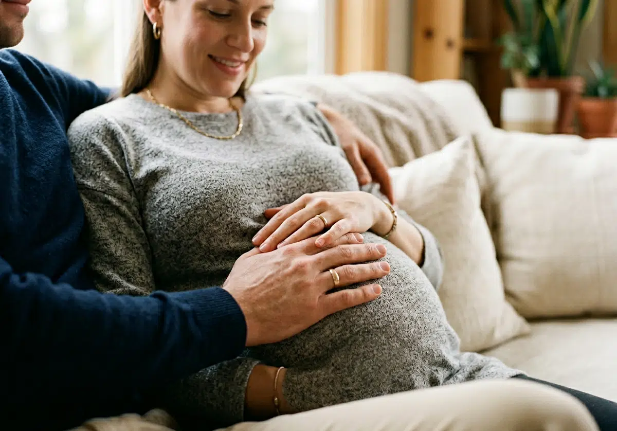 Schwangere Frau im grauen Pullover sitzt lächelnd auf einem Sofa, während ihr Partner im blauen Pullover von hinten seinen Arm um sie legt und beide Hände gemeinsam auf dem Babybauch ruhen — beide tragen Eheringe.