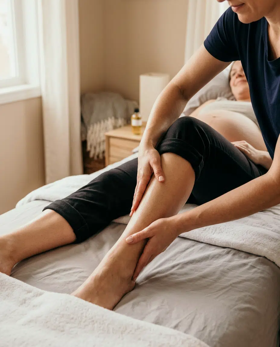 Therapeutin im dunkelblauen T-Shirt massiert die Wade und den Unterschenkel einer schwangeren Frau, die entspannt auf einer Massageliege liegt. Im Hintergrund ein helles Zimmer mit Massageöl auf einem Holzbeistelltisch.