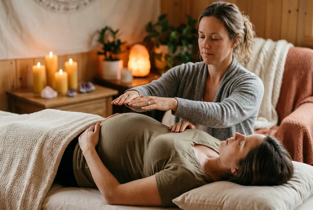 Therapeutin im grauen Cardigan führt mit konzentriertem Blick eine energetische Behandlung an einer schwangeren Frau durch, die entspannt mit geschlossenen Augen auf einer Liege liegt. Im Hintergrund ein warmtoniges Zimmer mit brennenden Kerzen, einer Salzkristalllampe und Kristallen auf einem Holzbeistelltisch.