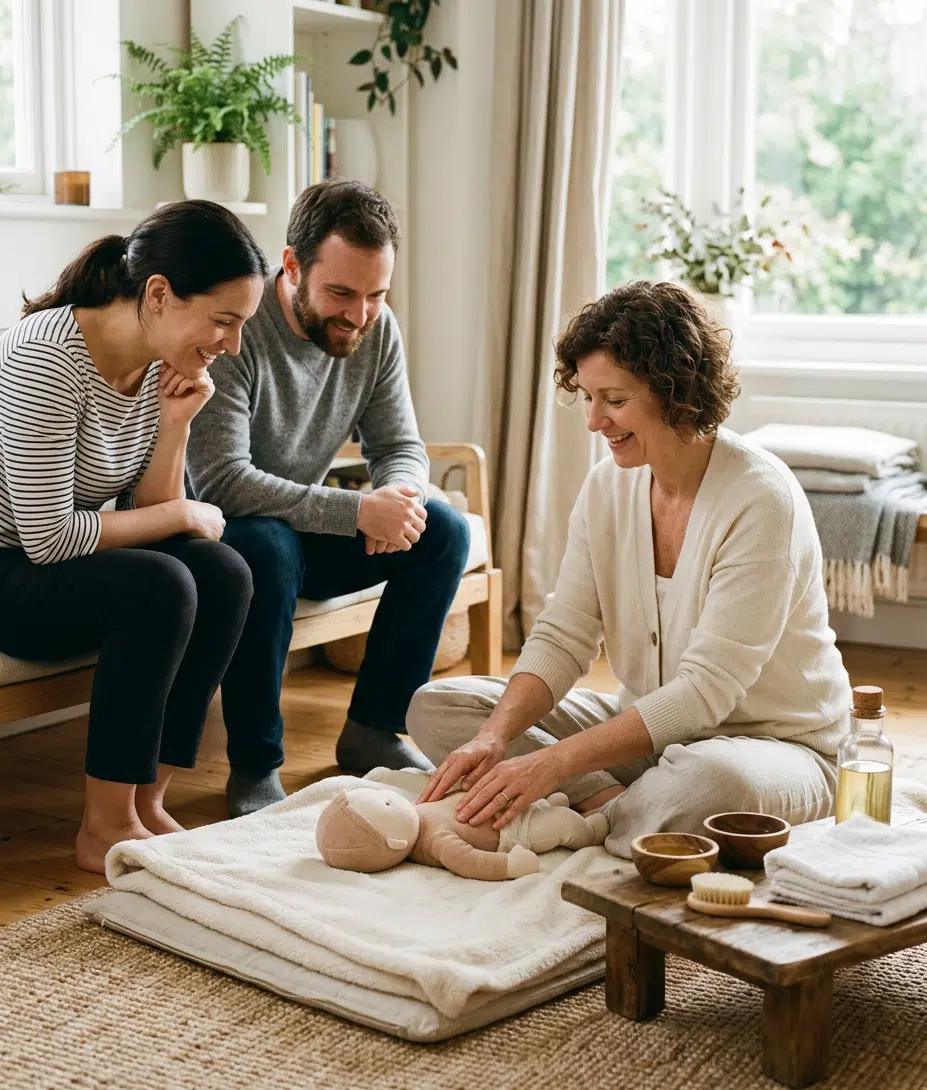 Kursleiterin im cremefarbenen Cardigan demonstriert lächelnd Massagegriffe an einer Babypuppe auf einer weißen Decke, während ein junges Paar interessiert zuschaut. Daneben ein Holztablett mit Massageöl, Schälchen und einer Bürste in einem hellen, natürlich eingerichteten Wohnraum.