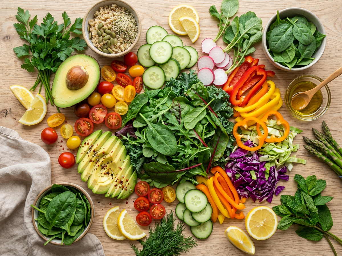 Draufsicht auf einen hellen Holztisch mit einer bunten Auslage frischer Zutaten – aufgeschnittene Avocado, Kirschtomaten, Gurken, Radieschen, Paprika, Rotkohl, Spinat, Grünkohl, Spargel, Zitronenscheiben, Minze, Quinoa mit Kürbiskernen und Olivenöl.