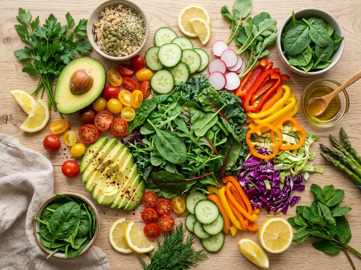 Draufsicht auf einen hellen Holztisch mit einer bunten Auslage frischer Zutaten – aufgeschnittene Avocado, Kirschtomaten, Gurken, Radieschen, Paprika, Rotkohl, Spinat, Grünkohl, Spargel, Zitronenscheiben, Minze, Quinoa mit Kürbiskernen und Olivenöl.