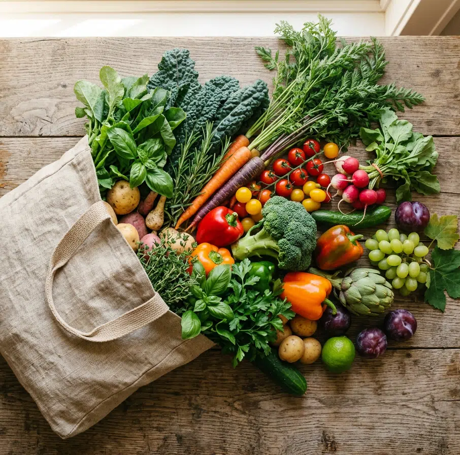 Draufsicht auf einen rustikalen Holztisch mit einem Leinenbeutel, aus dem eine bunte Fülle an frischem Gemüse und Obst quillt – darunter Grünkohl, Karotten, Tomaten, Paprika, Brokkoli, Radieschen, Artischocken, Trauben, Pflaumen, Kräuter und Kartoffeln.
