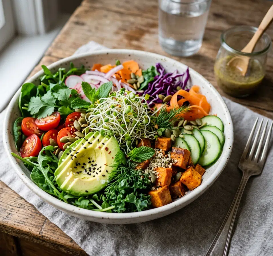 Eine große Keramikschale mit einer bunten Gemüse-Bowl auf einem rustikalen Holztisch – belegt mit Avocado, Kirschtomaten, Süßkartoffelwürfeln, Gurken, Sprossen, Rotkohl, Karotten, Radieschen, Kürbiskernen und frischen Kräutern. Daneben ein Glas Wasser, ein Dressing im Glas und eine Gabel auf einem Leinentuch.