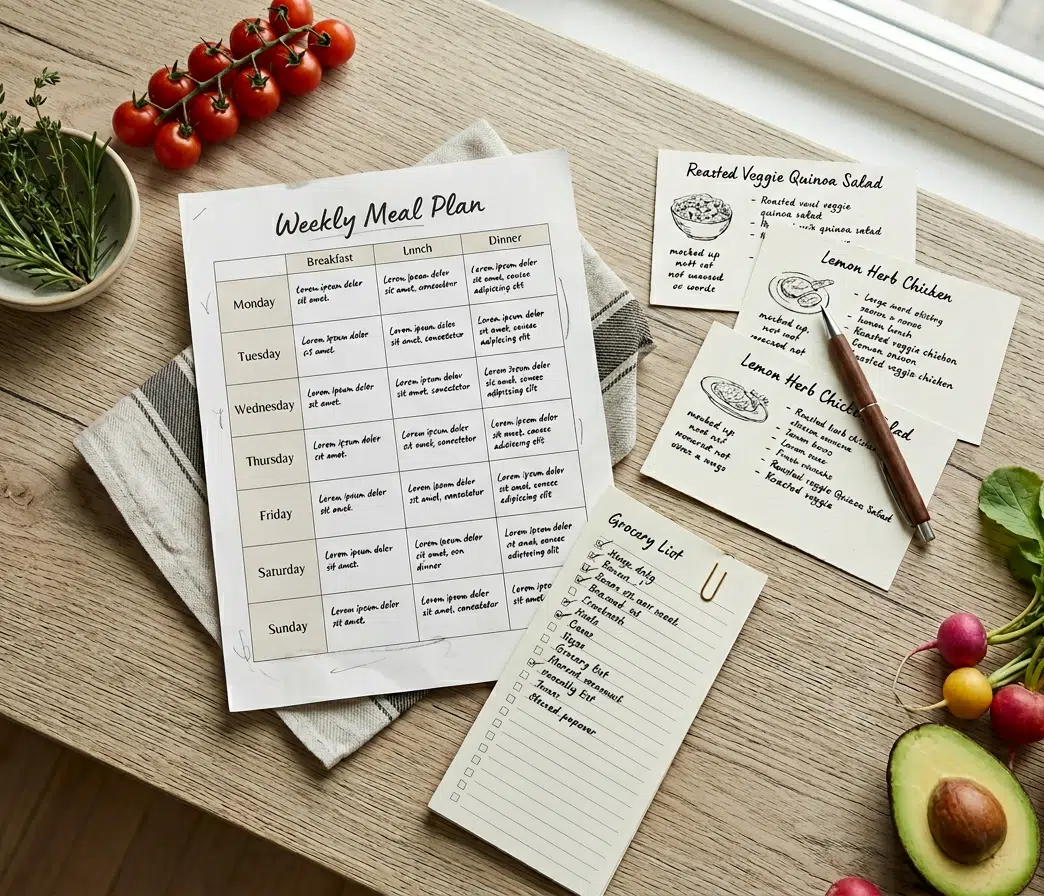 Draufsicht auf einen Holztisch mit einem wöchentlichen Mahlzeitenplan („Weekly Meal Plan"), einer Einkaufsliste und handgeschriebenen Rezeptkarten für „Roasted Veggie Quinoa Salad" und „Lemon Herb Chicken". Daneben frische Zutaten wie Kirschtomaten, Radieschen, Avocado, Zitrone und Kräuter.