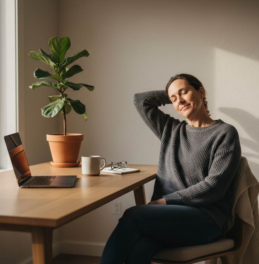 Eine Frau sitzt an einem Schreibtisch neben einem geöffneten Laptop und legt mit geschlossenen Augen eine Hand in den Nacken. Das warme Sonnenlicht, eine Zimmerpflanze sowie eine Tasse und Brille auf dem Tisch vermitteln eine ruhige Homeoffice-Szene und deuten auf Nacken- oder Kieferverspannungen während der Arbeit hin.
