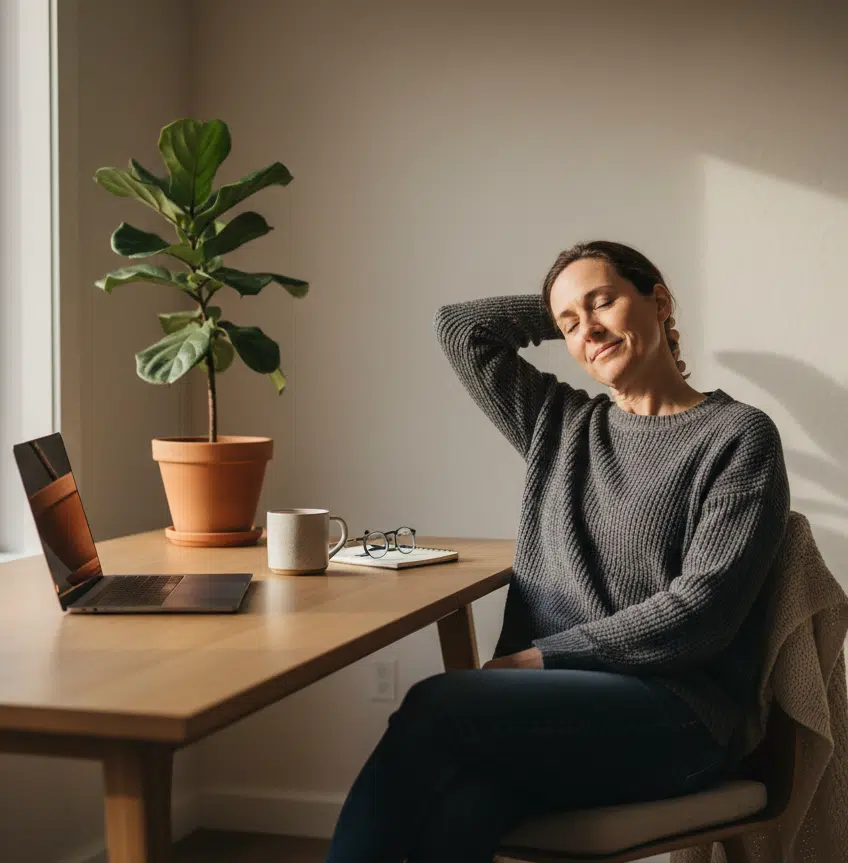 Eine Frau sitzt an einem Schreibtisch neben einem geöffneten Laptop und legt mit geschlossenen Augen eine Hand in den Nacken. Das warme Sonnenlicht, eine Zimmerpflanze sowie eine Tasse und Brille auf dem Tisch vermitteln eine ruhige Homeoffice-Szene und deuten auf Nacken- oder Kieferverspannungen während der Arbeit hin.