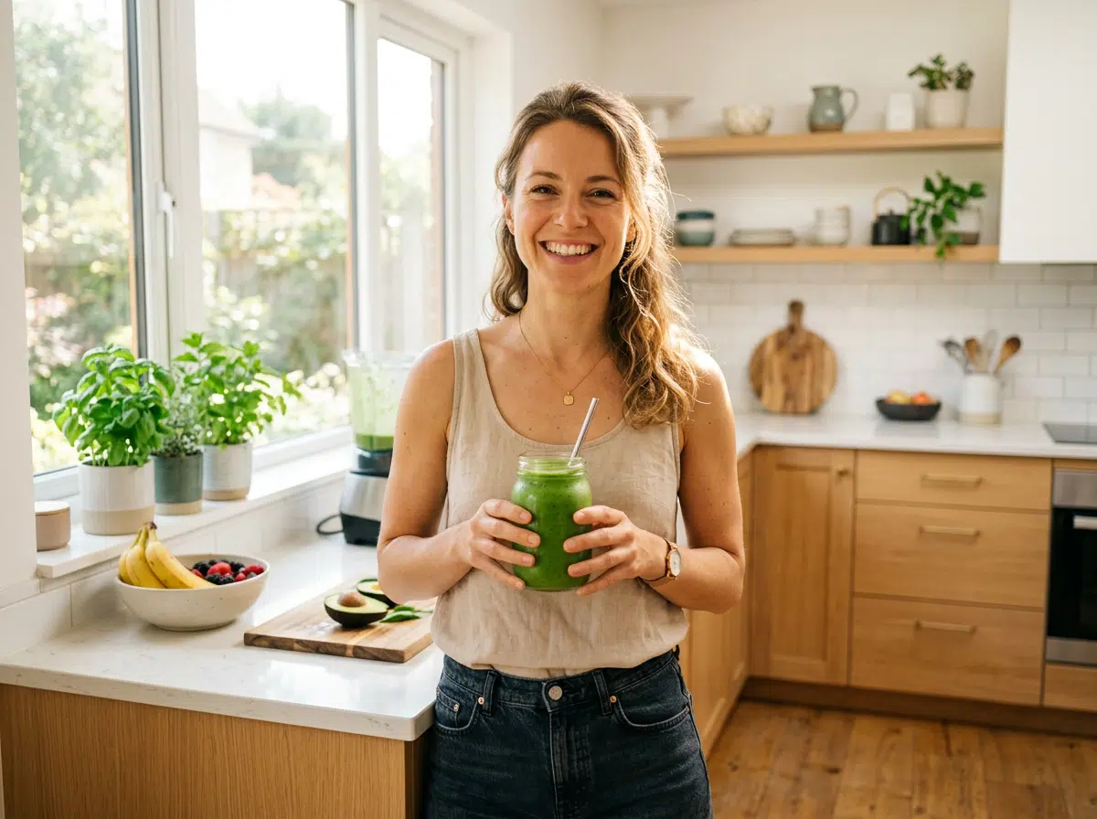 Lächelnde Frau in beigem Tanktop und Jeans hält ein Einmachglas mit grünem Smoothie in einer hellen Holzküche. Im Hintergrund eine Arbeitsplatte mit Avocado, Bananen, Beeren und frischen Kräutern auf der Fensterbank sowie offene Regale mit Küchenutensilien.