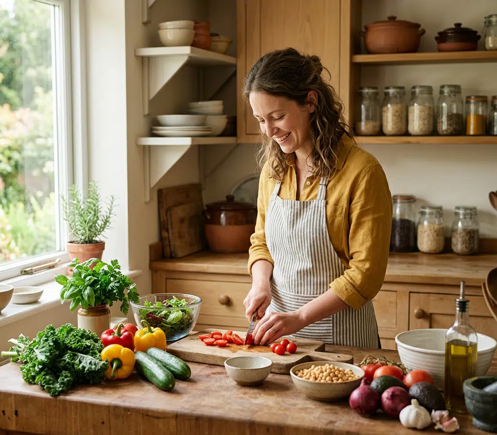 Lächelnde Frau in gelbem Hemd und gestreifter Leinenschürze schneidet Tomaten auf einem Holzbrett in einer rustikalen Naturküche. Auf der Arbeitsfläche frisches Gemüse wie Paprika, Zucchini, Grünkohl und Kichererbsen; im Hintergrund offene Regale mit Vorratsgläsern und Töpfen.