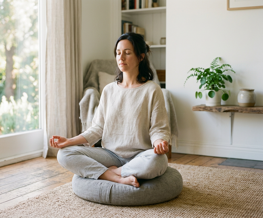 Dunkelhaarige Frau in beigem Leinenoberteil und grauer Hose meditiert mit geschlossenen Augen im Lotussitz auf einem grauen Meditationskissen, Hände in Gyan-Mudra. Im Hintergrund ein ruhiges, helles Zimmer mit Terrassentür zum Grünen, Bücherregal und Zimmerpflanze.