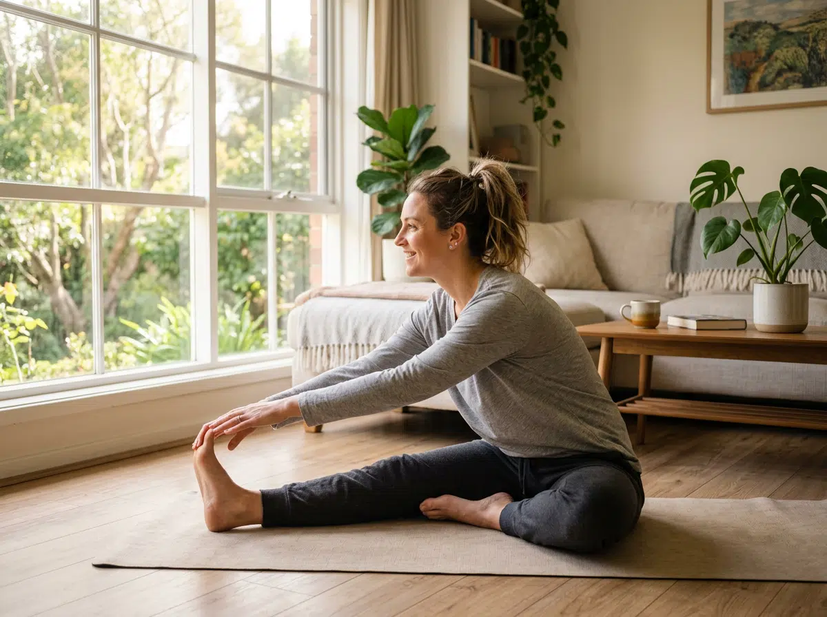 Lächelnde Frau in grauem Langarmshirt und dunkler Hose sitzt auf einer Yogamatte und führt eine sitzende Vorwärtsbeuge aus, Hände greifen zum ausgestreckten Fuß. Im Hintergrund ein helles Wohnzimmer mit großem Fenster zum Grünen, Sofa, Couchtisch und Monstera-Pflanze.