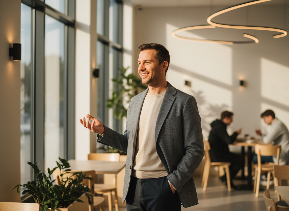 Lächelnder Mann im grauen Sakko über beigem Pullover steht mit einer erklärenden Handgeste in einem modernen, lichtdurchfluteten Café oder Co-Working-Space. Im Hintergrund weitere Personen an Tischen und eine geschwungene Deckenbeleuchtung.