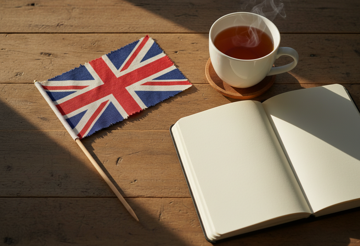 Draufsicht auf einen rustikalen Holztisch mit einer kleinen Union-Jack-Flagge, einem aufgeschlagenen leeren Notizbuch und einer dampfenden Tasse Tee auf einem Holzuntersetzer im warmen Sonnenlicht.