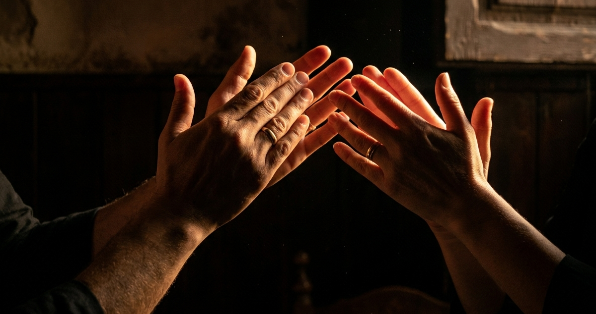 Nahaufnahme von zwei Händepaaren, die sich in einer typischen Flamenco-Palmas-Geste gegenüberstehen, Fingerspitzen berühren sich leicht. Dramatisches Seitenlicht in warmen Orangetönen vor dunklem Hintergrund.