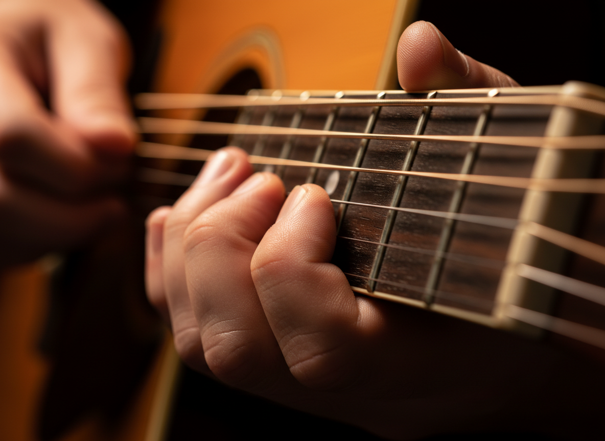 Nahaufnahme zweier Hände beim Spielen einer klassischen Konzertgitarre mit Nylonsaiten — eine Hand zupft die Saiten am Korpus, die andere greift einen Akkord am Griffbrett. Warme, dunkle Studioatmosphäre im Hintergrund.