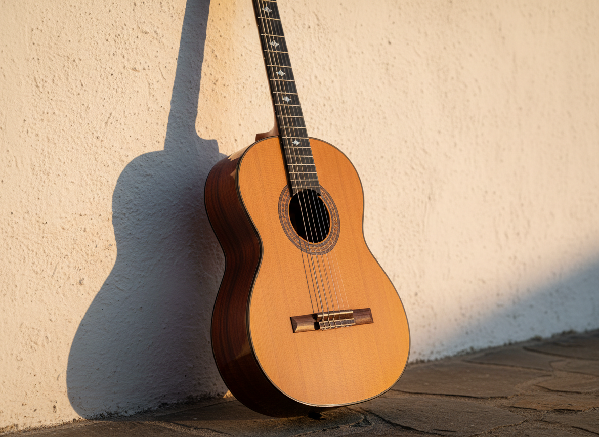 Eine klassische Flamenco-Gitarre mit hellem Fichtenkorpus, dunklem Palisander-Zargen und verziertem Schallloch lehnt an einer weißen Putzwand im warmen Sonnenlicht, das einen markanten Schatten wirft.