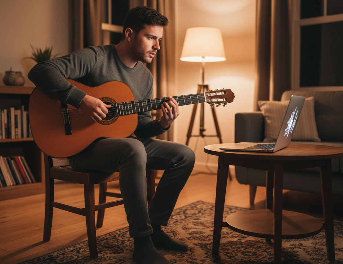 Mann im grauen Pullover sitzt konzentriert auf einem Holzstuhl und spielt eine klassische Gitarre, während er auf einen aufgeklappten Laptop auf einem Beistelltisch schaut. Im Hintergrund ein warmtoniges Wohnzimmer mit Stehlampe und Bücherregal bei Nacht.