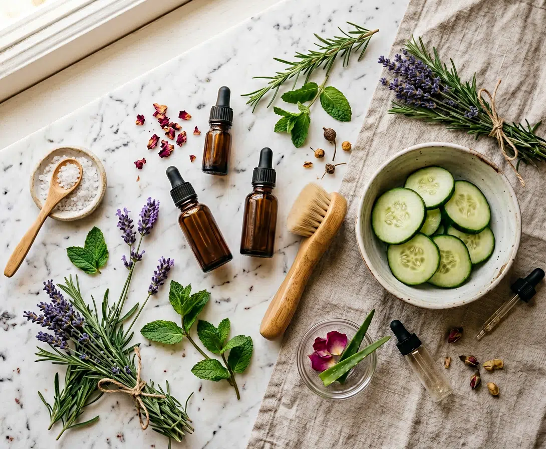 Draufsicht auf eine Marmorfläche mit natürlichen Beautyzutaten: drei braune Serum-Fläschchen mit Pipette, eine Holzgesichtsbürste, eine Schale mit Gurkenscheiben, Meersalz mit Holzlöffel, Lavendel- und Rosmarinzweige, frische Minzblätter, Rosenblütenblätter und ein Glasschälchen mit Aloe-vera-Stück.