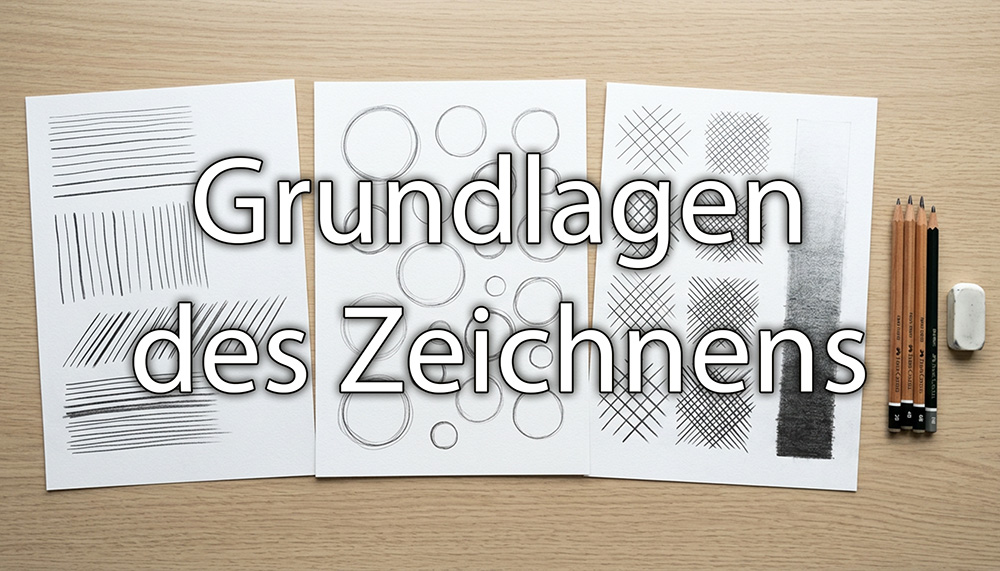 Zeichenübungen auf Papier: Linien, Kreise und Schattierungen nebeneinander. Overlay Schrift: Grundlagen des Zeichnens