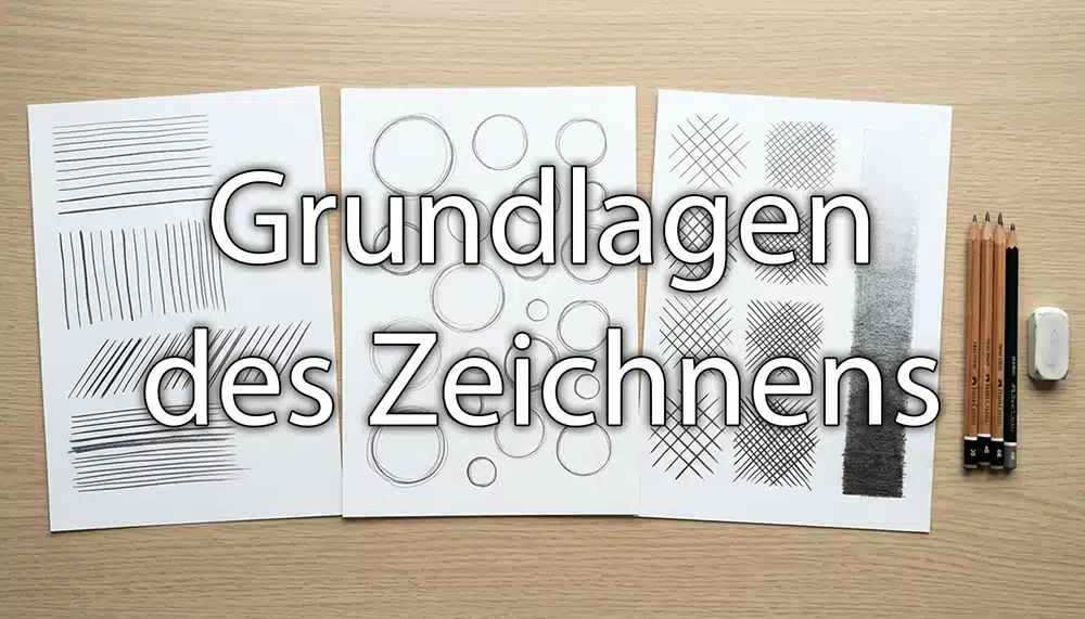 Zeichenübungen auf Papier: Linien, Kreise und Schattierungen nebeneinander. Overlay Schrift: Grundlagen des Zeichnens