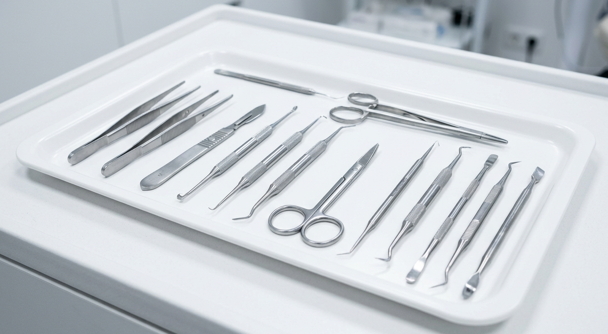 Auf einem weißen Tablett liegen ordentlich angeordnete chirurgische Instrumente wie Pinzetten, Scheren, Skalpellgriffe und verschiedene Sonden. Das Tablett steht auf einer hellen Arbeitsfläche in einem klinisch sauberen Behandlungsraum, im Hintergrund sind weitere medizinische Geräte unscharf erkennbar.