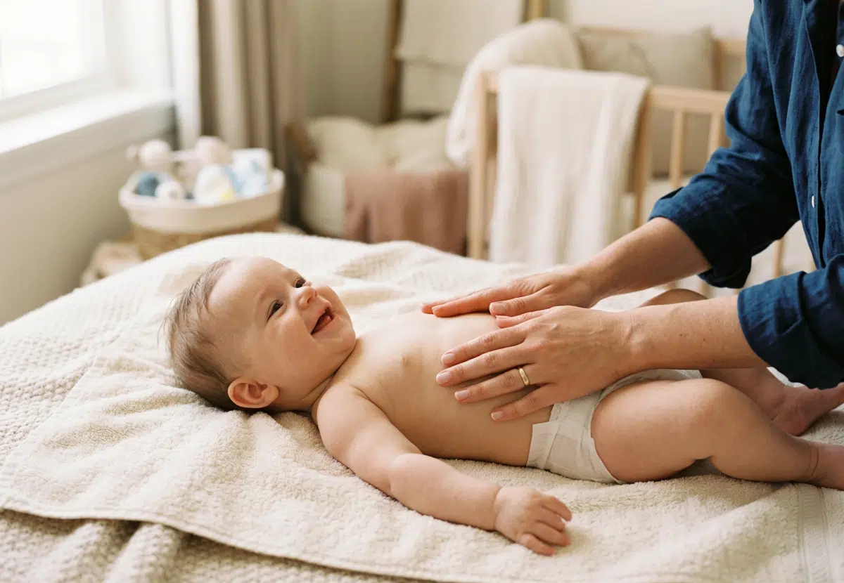 Fröhlich lächelndes Baby in Windel liegt auf einer hellen Decke, während eine Person im blauen Jeanshemd seinen Bauch und Brustkorb sanft massiert. Im Hintergrund ein warmtoniges Kinderzimmer mit Holzgitterbett und Spielzeugkorb.
