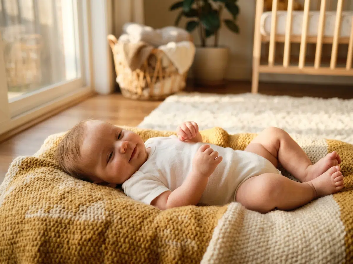 Zufriedenes Baby im weißen Body liegt entspannt auf einer senfgelben Strickdecke auf dem Boden. Im Hintergrund ein warmtoniges Kinderzimmer mit Holzgitterbett, Weidekorb und einer Zimmerpflanze.