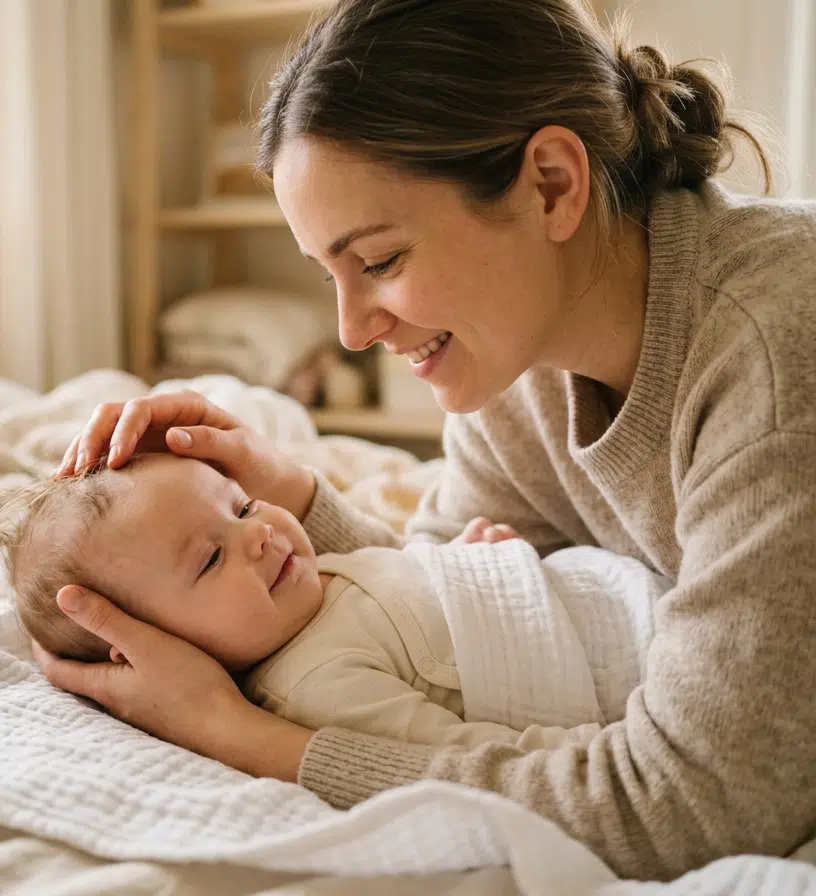 Lächelnde Mutter im beigen Strickpullover liegt nah bei ihrem Baby auf einem hellen Bett und streichelt sanft dessen Kopf. Das Baby im cremefarbenen Strampler schaut wach zur Mutter. Im Hintergrund ein warmtoniges Schlafzimmer mit natürlichem Licht.