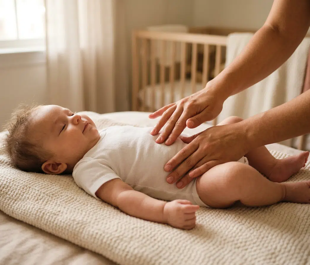 Säugling im weißen Body liegt entspannt auf einer hellen Strickdecke, während zwei Hände sanft seinen Bauch massieren. Im Hintergrund ein warmtoniges Kinderzimmer mit Holzgitterbett.