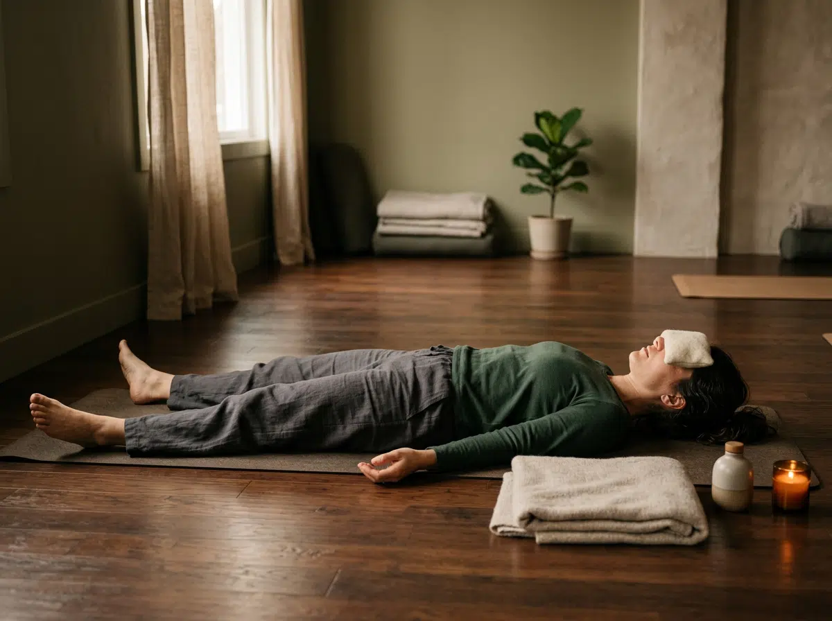 Frau in grünem Longsleeve und grauer Leinenhose liegt in der Shavasana-Pose auf einer dunklen Yogamatte, ein Augenkissen auf den Augen. Neben ihr eine gefaltete Decke, eine Kerze und eine Flasche Öl. Im Hintergrund ein ruhiger, gedämpft beleuchteter Yogaraum mit Feigenbaum und gefalteten Decken.