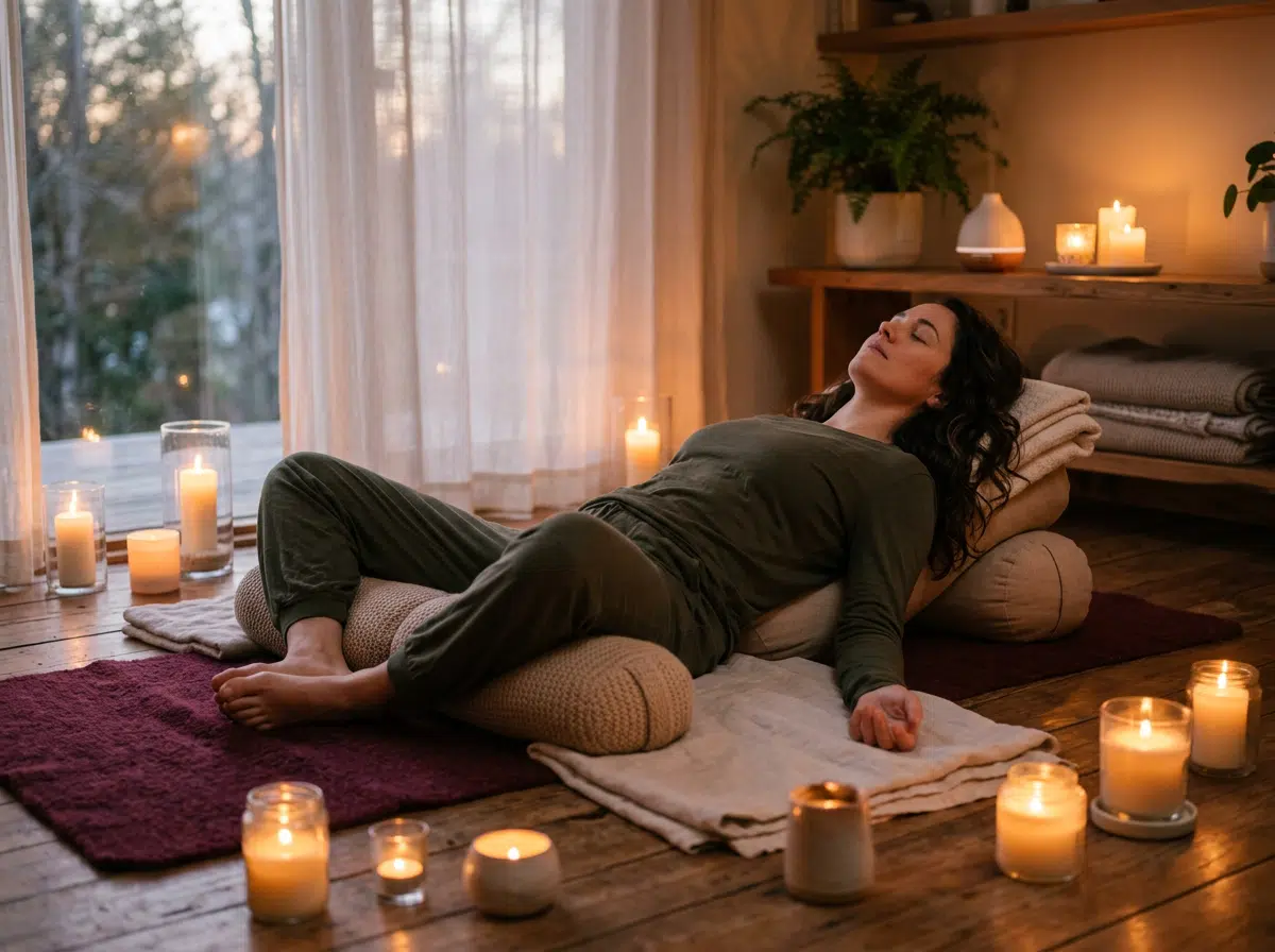 Dunkelhaarige Frau im olivgrünen Outfit liegt in der Shavasana-Pose auf Kissen und Decken auf dem Boden, umgeben von zahlreichen brennenden Kerzen. Im Hintergrund ein warmtoniges Zimmer mit Holzregal, Zimmerpflanzen und einem Fenster mit Abenddämmerungsblick.