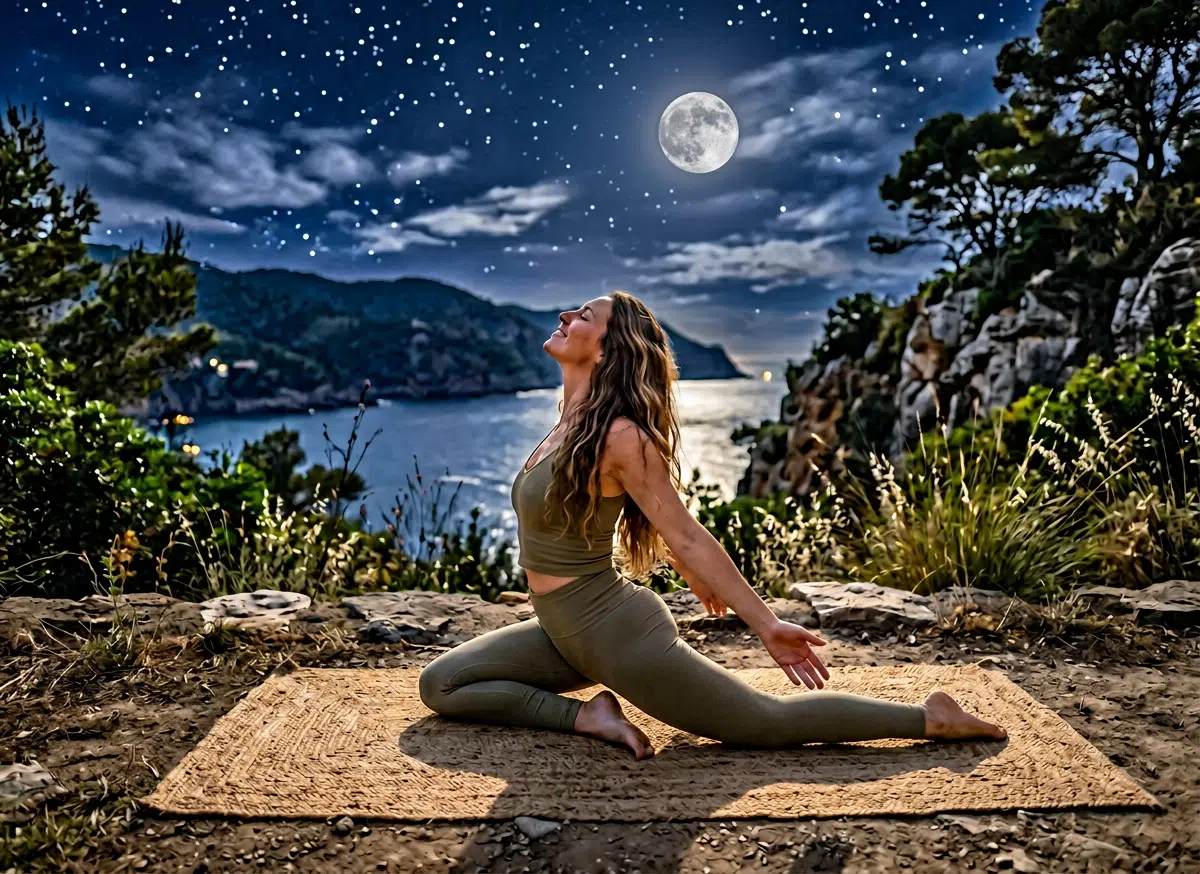 Frau in olivgrünem Sportoutfit führt die Taube-Pose auf einem Jutegeflecht-Teppich im Freien aus, Kopf zurückgeneigt, Arme geöffnet. Im Hintergrund eine dramatische Nachtlandschaft mit Vollmond, Sternenhimmel, Meer und felsiger Küste.