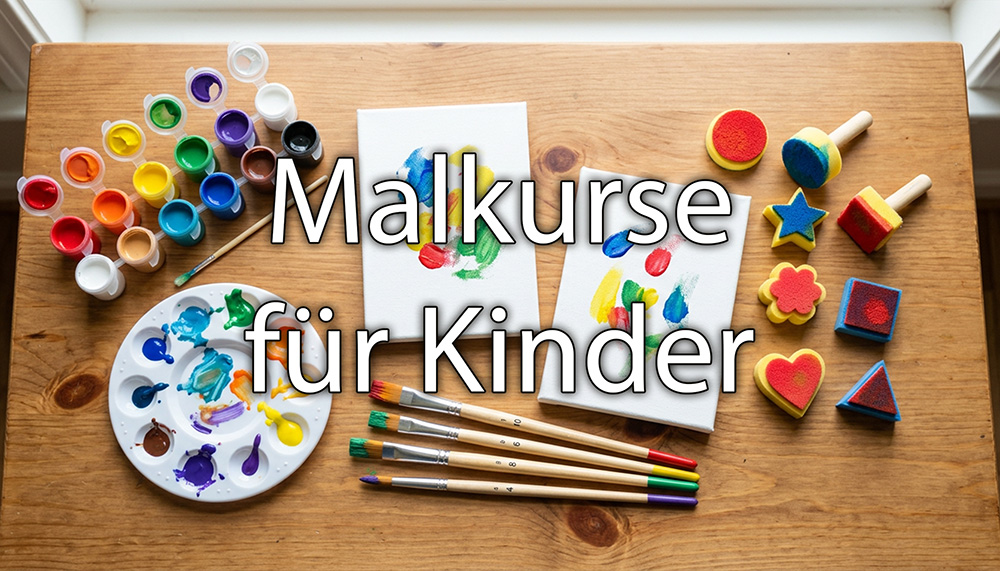 Kindertisch mit Malutensilien: Pinsel, Acrylfarben, kleine Leinwände, bunt. Overlay Schrift: Malkurse für Kinder