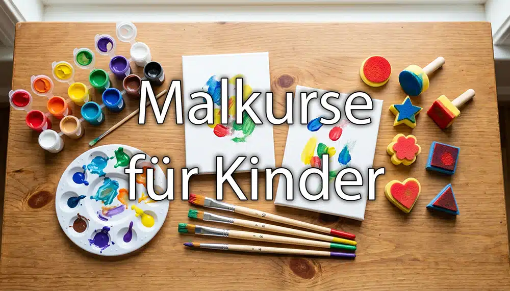 Kindertisch mit Malutensilien: Pinsel, Acrylfarben, kleine Leinwände, bunt. Overlay Schrift: Malkurse für Kinder