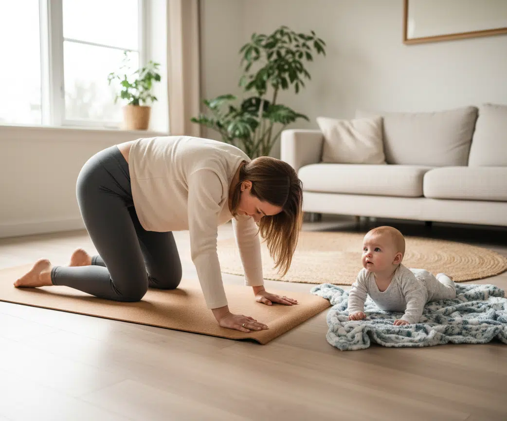 Eine Mutter macht auf einer Yogamatte im Vierfüßlerstand eine sanfte Übung, während ihr Baby auf einer weichen Decke neben ihr liegt und aufmerksam zu ihr schaut. Im hellen Wohnzimmer mit Sofa, Teppich und Zimmerpflanzen zeigt die Szene, wie Bewegung und gemeinsame Zeit mit dem Baby im Alltag verbunden werden können.