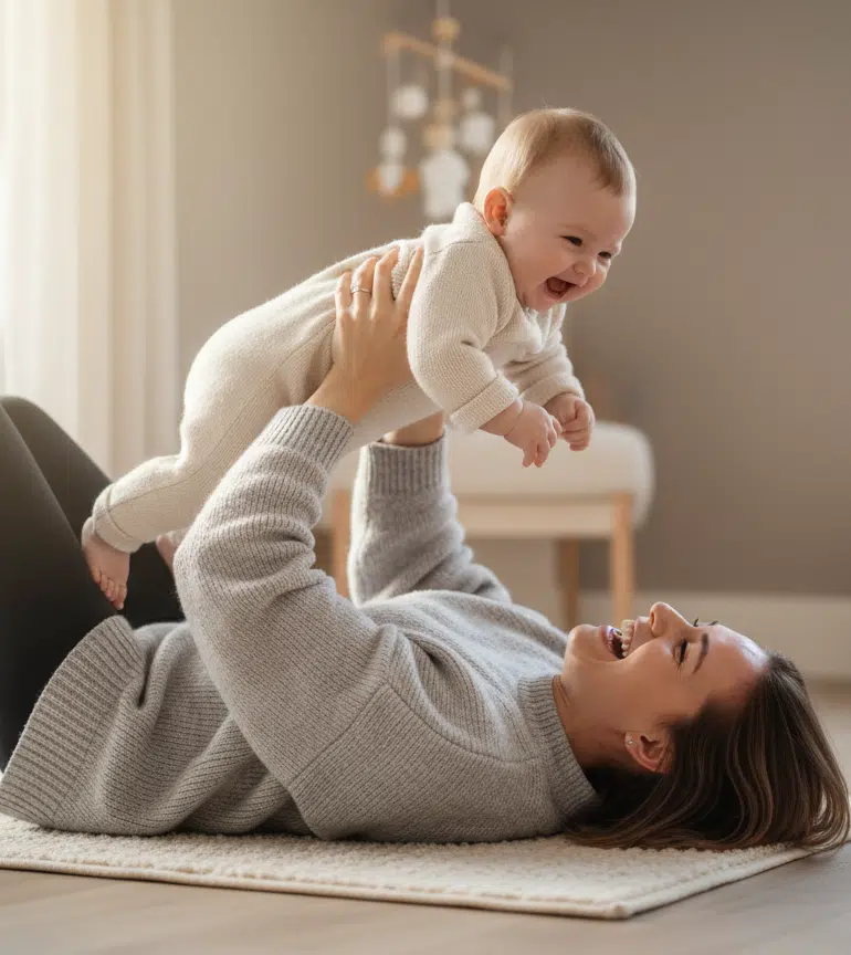 Eine Mutter liegt lächelnd auf einem Teppich in einem hellen Wohnzimmer und hebt ihr fröhliches Baby spielerisch über sich in die Luft. Im Hintergrund sind ein Fenster, ein Mobile und ein niedriges Regal mit Büchern zu sehen; die warme, ruhige Szene vermittelt Nähe, Freude und gemeinsame Zeit mit dem Kind.
