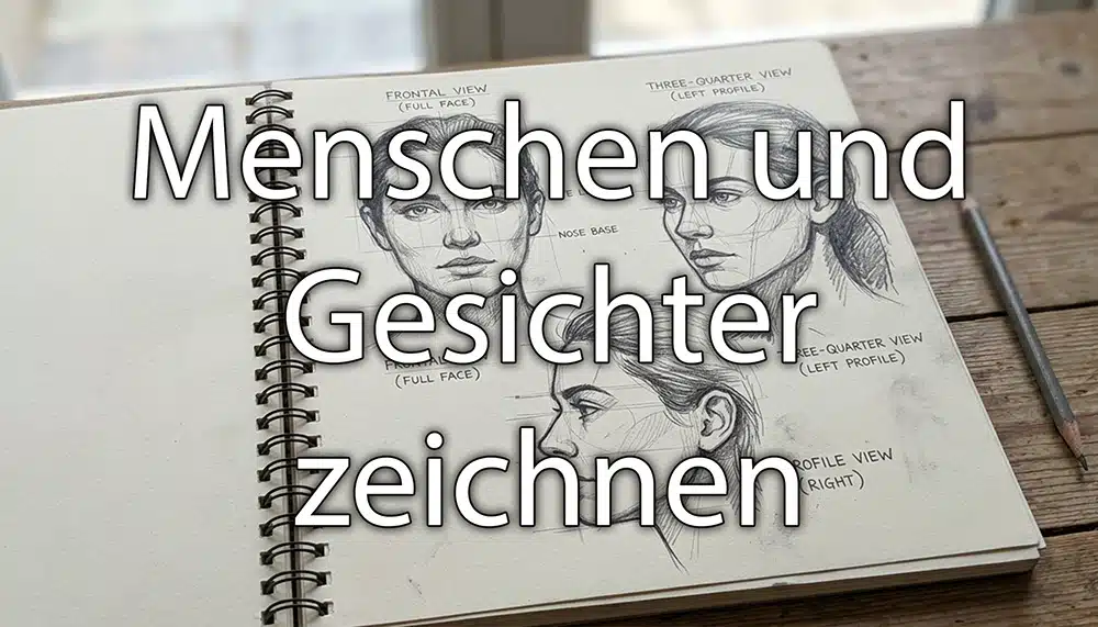 Skizzenbuch mit mehreren Gesichtsstudien in verschiedenen Winkeln, Bleistift. Overlay Schrift: Menschen und Gesichter zeichnen