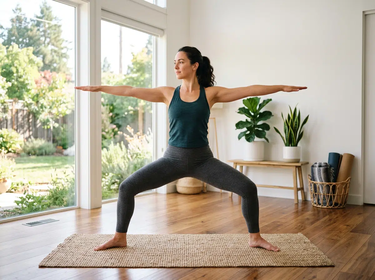 Dunkelhaarige Frau in petrolblauem Tanktop und grauer Leggings steht in der Krieger-II-Pose auf einem Jute-Teppich, Arme waagerecht ausgestreckt, Blick zur Seite. Im Hintergrund ein helles Wohnzimmer mit großer Glasfront zum Garten und Zimmerpflanzen.