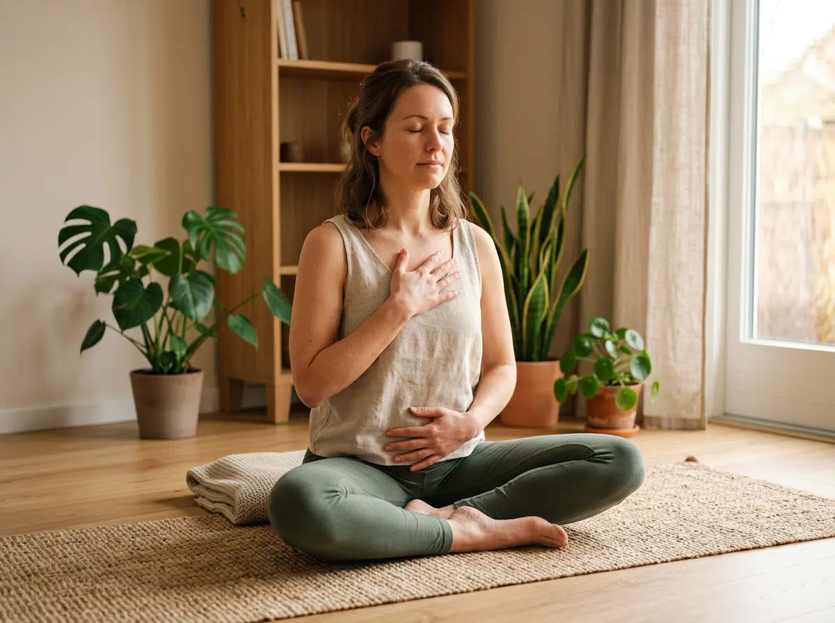 Frau in beigem Tanktop und grüner Leggings sitzt mit geschlossenen Augen im Schneidersitz auf einem Jute-Teppich, eine Hand auf der Brust, eine auf dem Bauch — eine Atemübung oder Meditation. Im Hintergrund ein helles Wohnzimmer mit mehreren Zimmerpflanzen, einem Holzregal und einem Fenster.