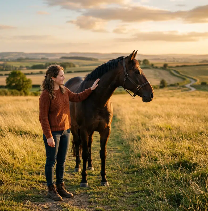 Eine Frau steht neben einem dunklen Pferd auf einem schmalen Weg durch eine goldene Wiesenlandschaft und legt ihm ruhig eine Hand an den Hals. Im Hintergrund erstrecken sich Felder, Hügel und ein kurviger Landweg im warmen Licht der untergehenden Sonne, wodurch die Szene Vertrauen, Verbundenheit und achtsame Arbeit mit dem Pferd vermittelt.