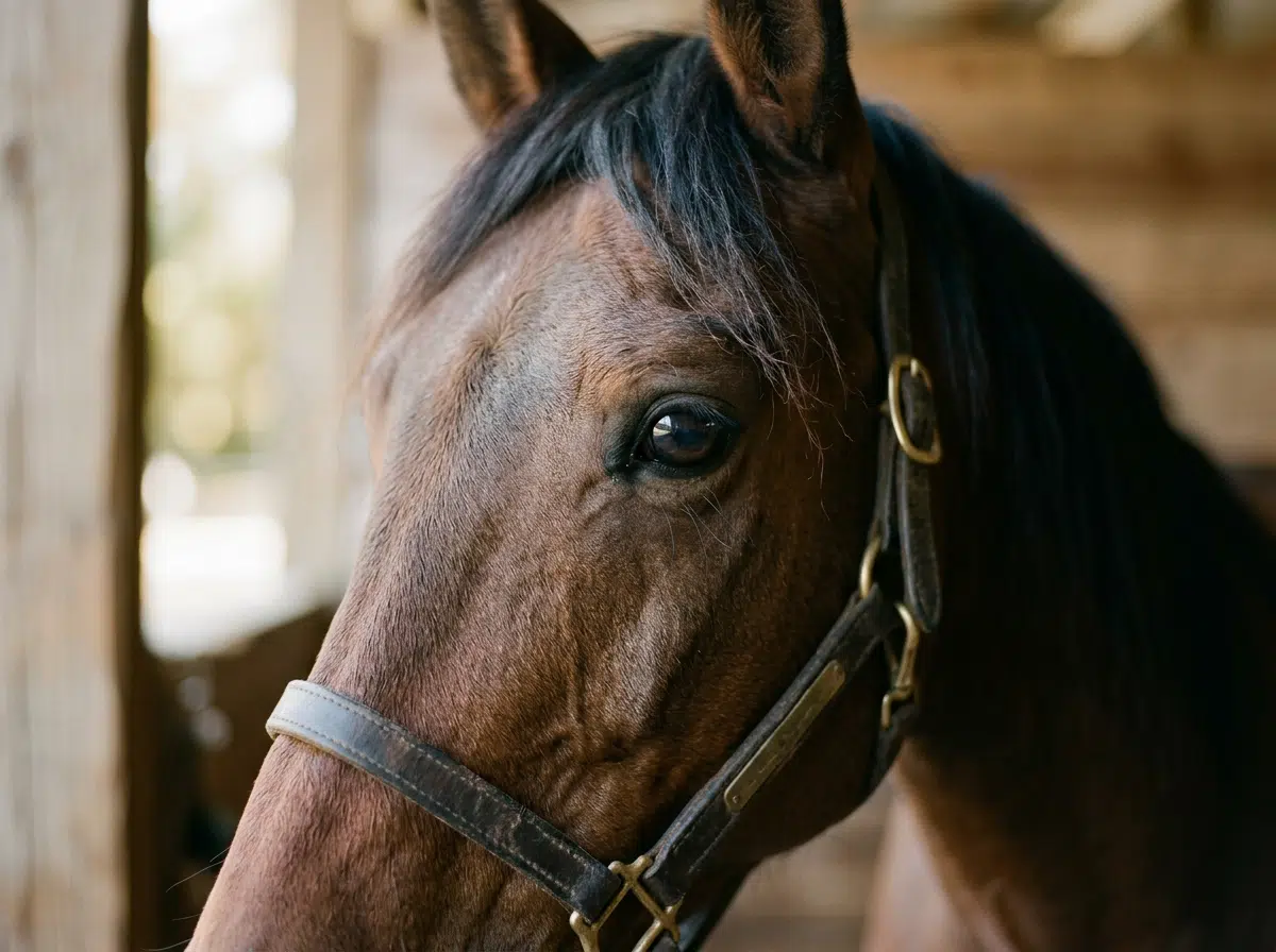 Nahaufnahme eines braunen Pferdes mit Halfter in einem Stall. Der Fokus liegt auf seinem wachen Auge, den aufgerichteten Ohren und dem Fell am Kopf, während der warme, unscharfe Hintergrund eine ruhige und vertrauensvolle Atmosphäre vermittelt.