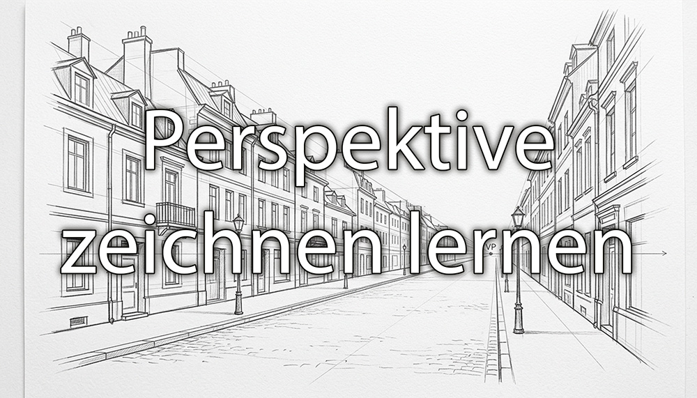 Skizzenbuch mit Raumzeichnung in Zentralperspektive, Bleistift, Fluchtlinien sichtbar. Overlay Schrift: Perspektive zeichnen lernen