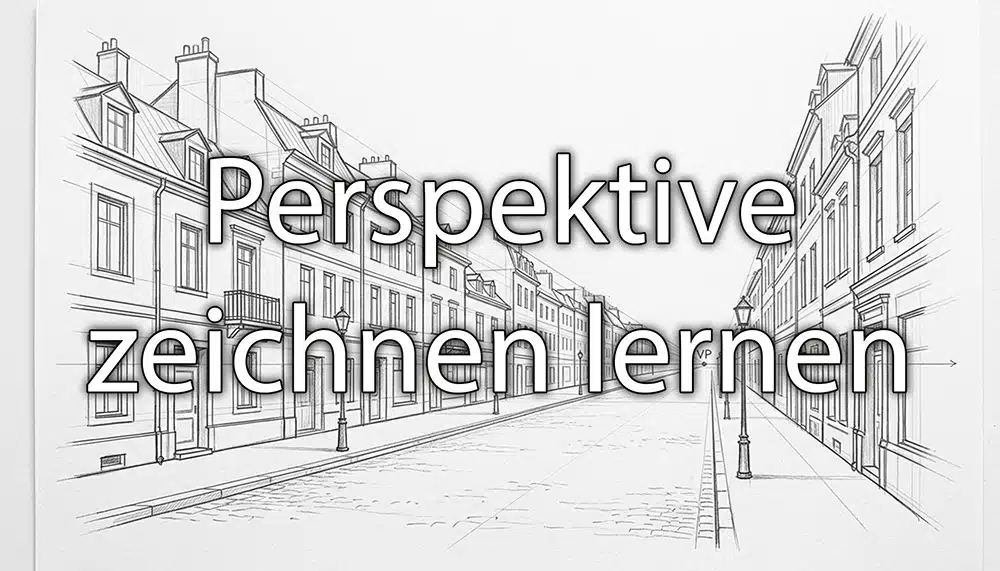 Skizzenbuch mit Raumzeichnung in Zentralperspektive, Bleistift, Fluchtlinien sichtbar. Overlay Schrift: Perspektive zeichnen lernen