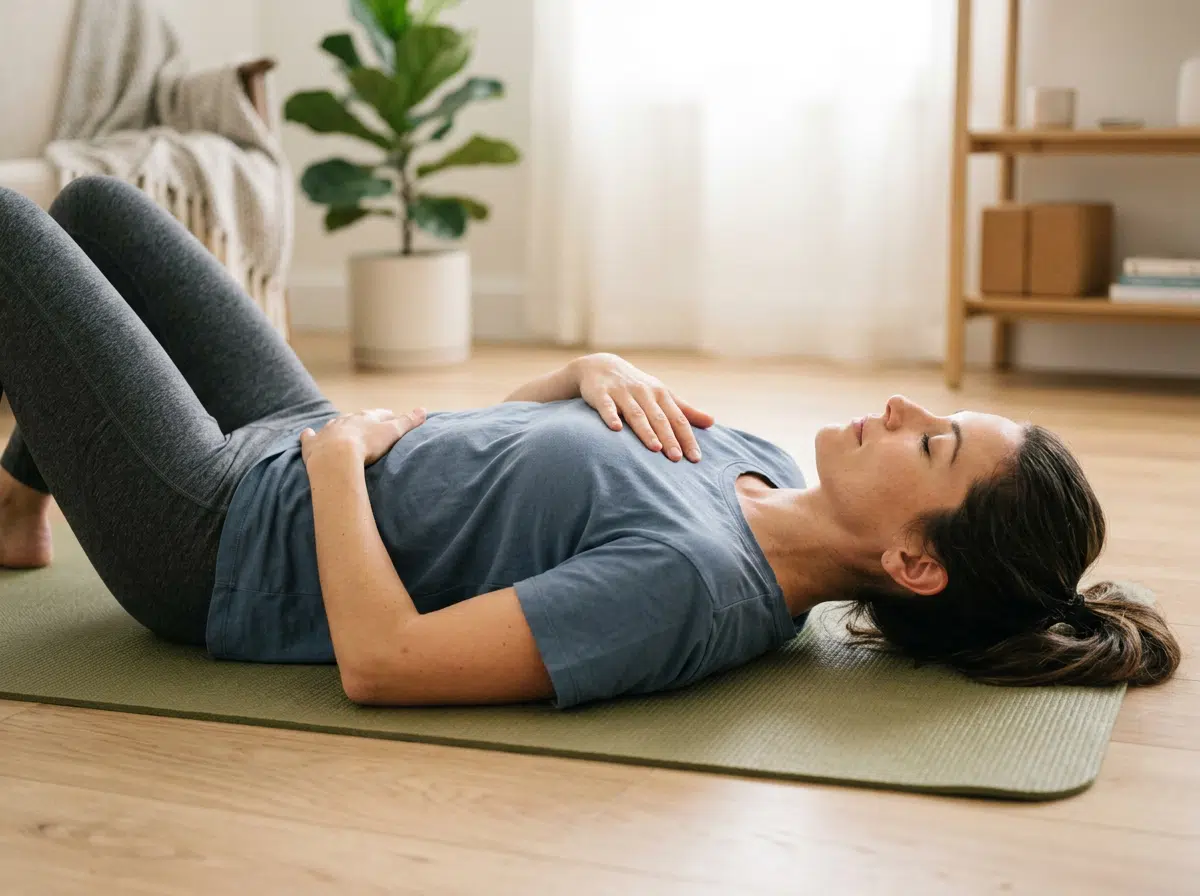 Eine Frau in blaugrauem T-Shirt und grauen Leggings liegt mit geschlossenen Augen auf einer olivgrünen Matte, Knie angewinkelt, beide Hände auf Bauch und Rippen – erkennbar eine Pilates-Atemübung in der Rückenlage. Im Hintergrund ein helles, gemütliches Wohnzimmer mit Zimmerpflanze und Holzregal.