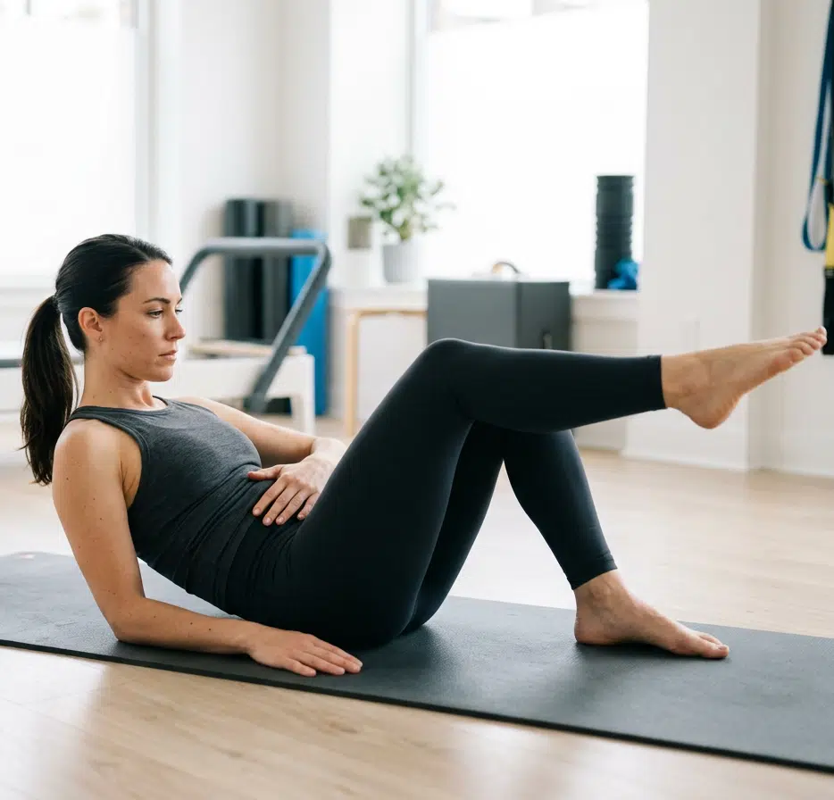 Eine Frau in grauem Top und schwarzen Leggings liegt auf einer schwarzen Matte in einem Pilates-Studio und führt eine Bauchmuskelübung aus – eine Hand auf dem Bauch, ein Bein angewinkelt, das andere leicht angehoben. Im Hintergrund ein helles Studio mit Reformer-Gerät und TRX-Bändern.