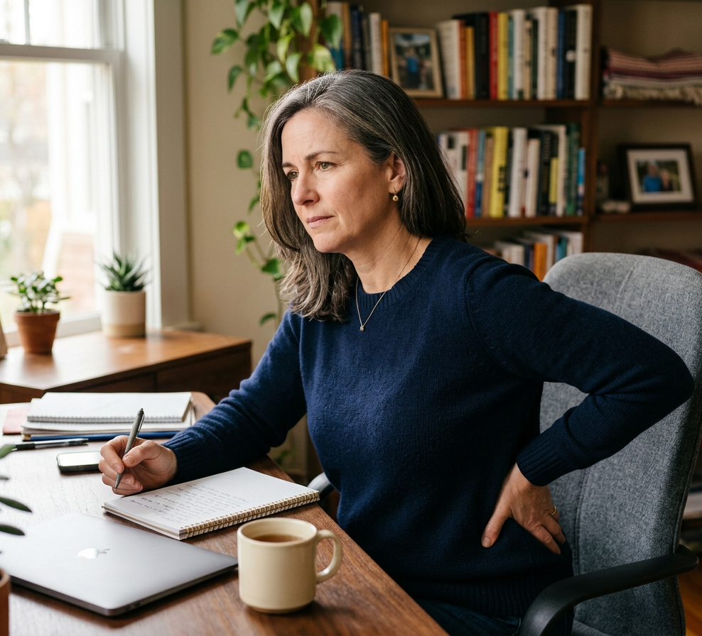 Eine Frau mittleren Alters im dunkelblauen Pullover sitzt am Schreibtisch mit Notizbuch und Laptop und hält eine Hand mit schmerzverzerrtem Ausdruck an den unteren Rücken. Im Hintergrund ein gemütliches Homeoffice mit Bücherregal und Zimmerpflanzen.